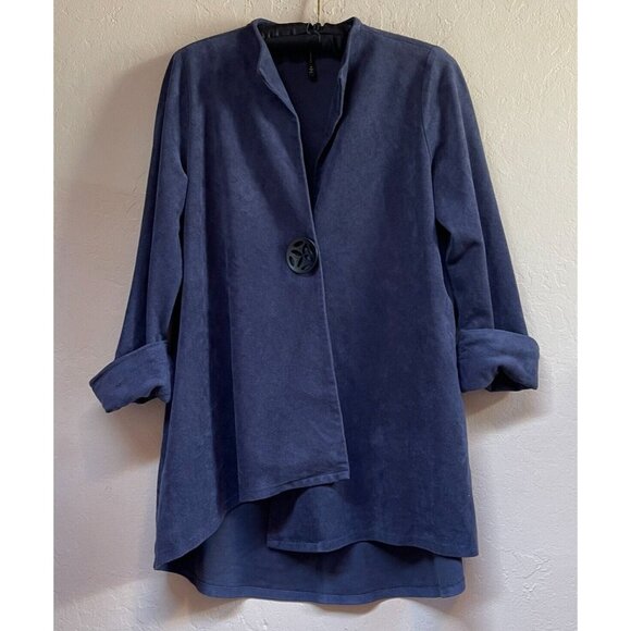 IC By Connie K Womens Navy Asymmetric Jacket Small Faux Suede Lagenlook Button - Picture 1 of 8
